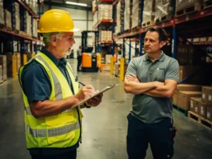 Warehouse inspector in a hard hat reviewing a clipboard while a colleague observes the busy storage floor behind them.