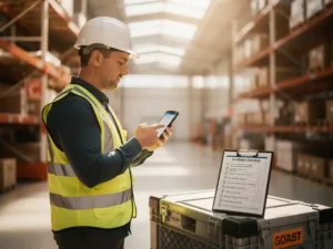 New warehouse employee in safety vest and hard hat reading onboarding training on smartphone, clipboard with certification checklist on nearby crate.