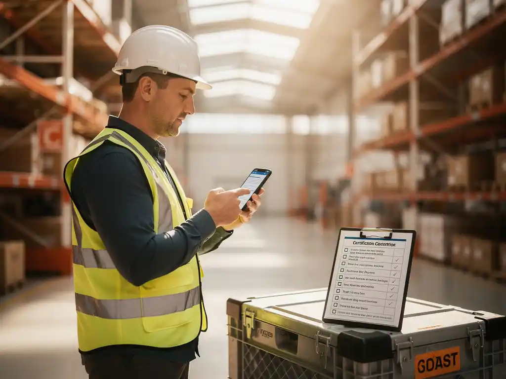 New warehouse employee in safety vest and hard hat reading onboarding training on smartphone, clipboard with certification checklist on nearby crate.