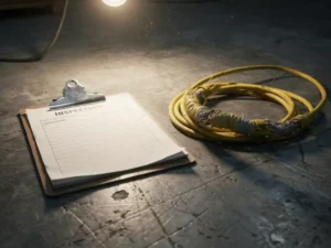 Clipboard with blank inspection checklist on scuffed warehouse floor beside a coiled frayed yellow safety cable overlooked during inspection.