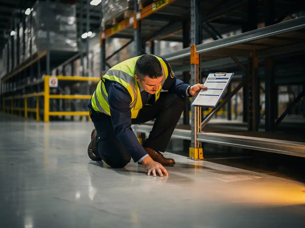 Safety officer crouching to inspect a warehouse floor, clipboard on nearby metal shelf, fluorescent lighting over industrial shelving.