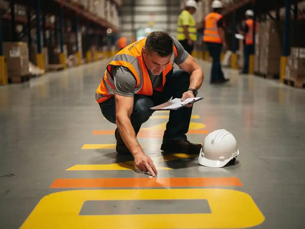 Safety inspector in high-visibility vest crouching to examine floor markings on a warehouse floor, clipboard on knee, hard hat nearby.