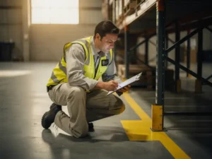 Safety officer in high-visibility vest crouching on warehouse floor, inspecting yellow floor marking near storage rack with clipboard.