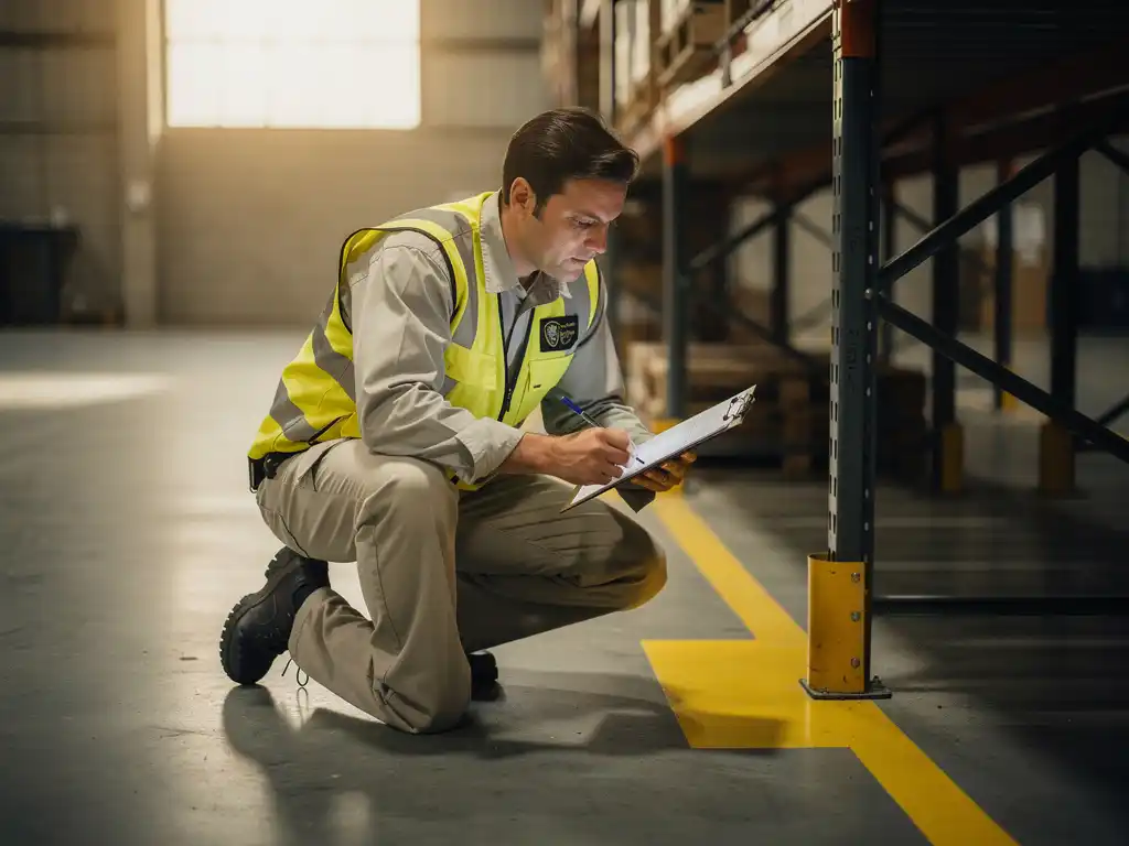 Safety officer in high-visibility vest crouching on warehouse floor, inspecting yellow floor marking near storage rack with clipboard.