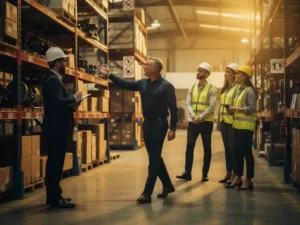 Team leader conducting a warehouse inspection with colleagues, one holding a clipboard, industrial shelving and safety signage in background.