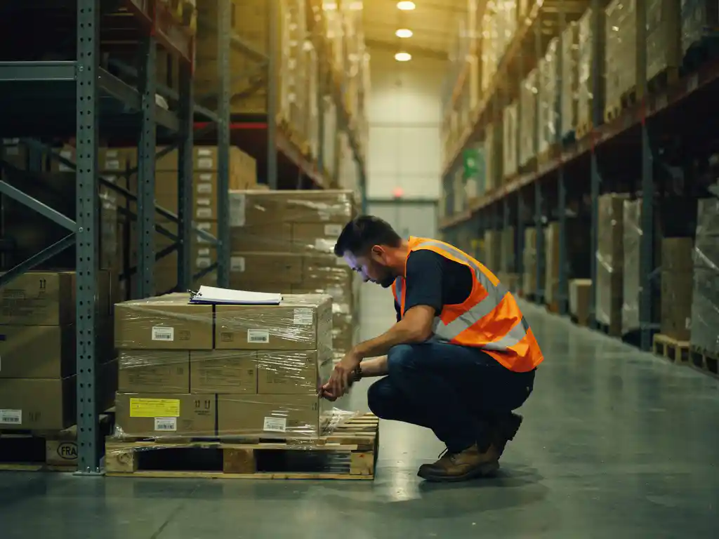 Warehouse worker in high-visibility vest inspecting a floor-level pallet stack beside metal shelving, with tall steel racks of cardboard boxes behind.