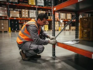 Warehouse worker in high-visibility vest inspecting a low storage rack with clipboard, industrial shelving units extending into the background.