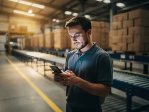 New warehouse worker reviewing a training module on a smartphone amid cardboard boxes on conveyor belts and yellow safety floor markings.