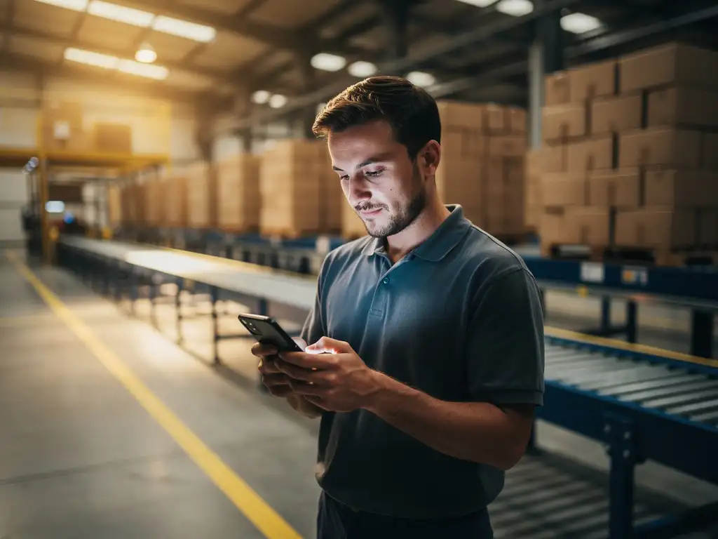 New warehouse worker reviewing a training module on a smartphone amid cardboard boxes on conveyor belts and yellow safety floor markings.