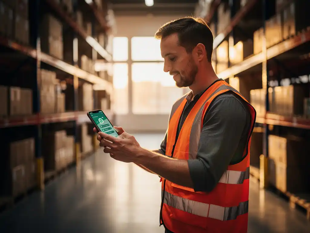 Warehouse worker in a high-visibility vest reading a WhatsApp onboarding message on a smartphone among shelving units and cardboard boxes.