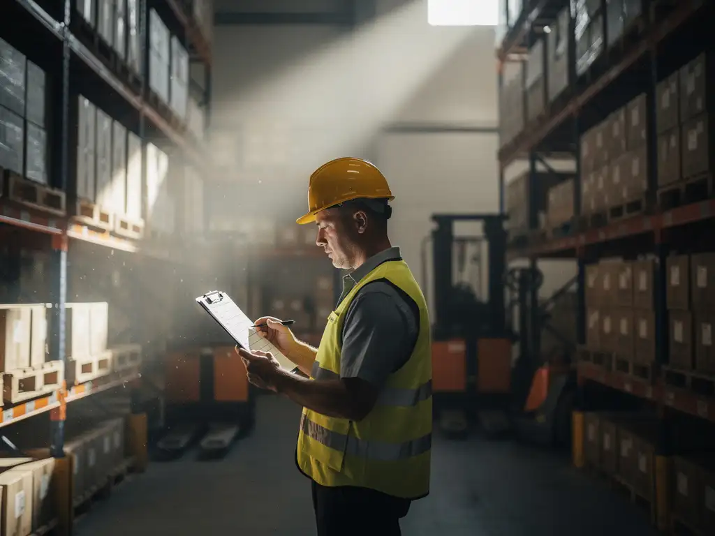 Warehouse worker in a hard hat reviewing a safety checklist on a clipboard amid organized shelving and halted equipment.