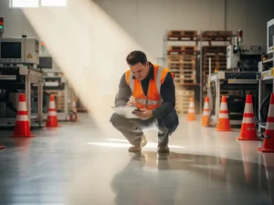 Warehouse worker in high-visibility vest crouching to inspect a factory floor with clipboard, safety cones and organized equipment in background.