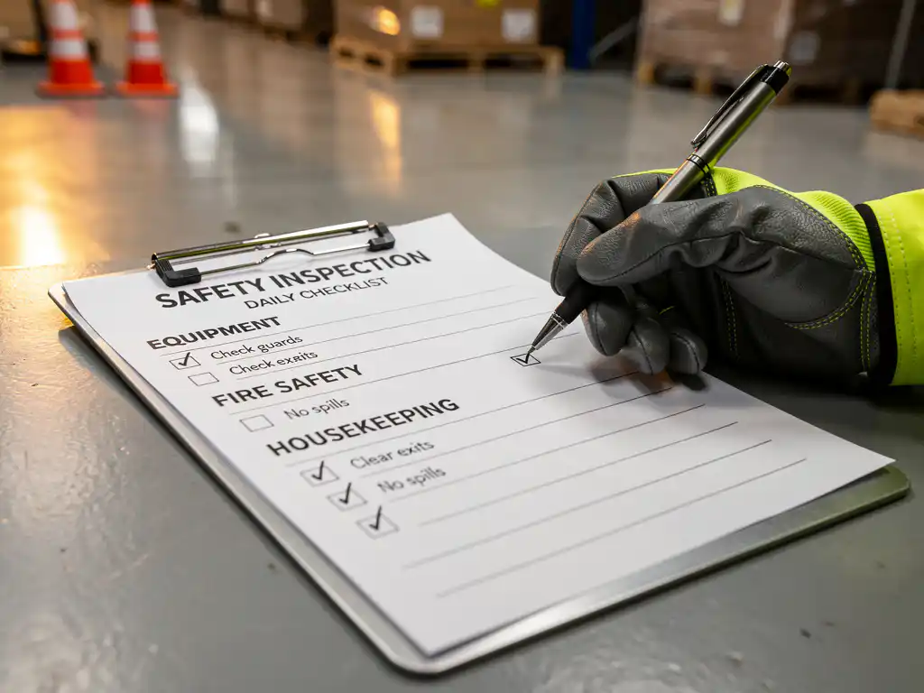 Gehandschoende hand die checklist invult op klembord tijdens werkplekinspectie in industriële faciliteit.