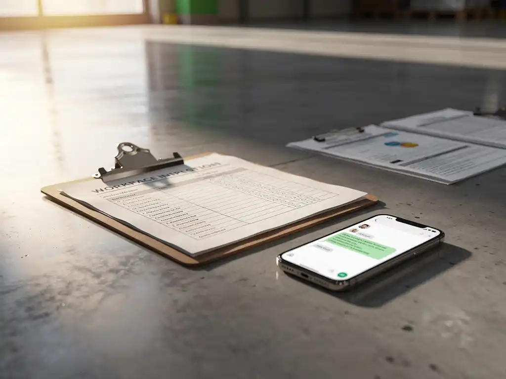 Ingevuld werkplekinspectie-checklist op klembord naast smartphone met chatinterface op industriële vloer.