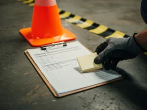 Werkplekinspectie checklist op klembord op betonvloer, met veiligheidsconus en afzetlint op de achtergrond.