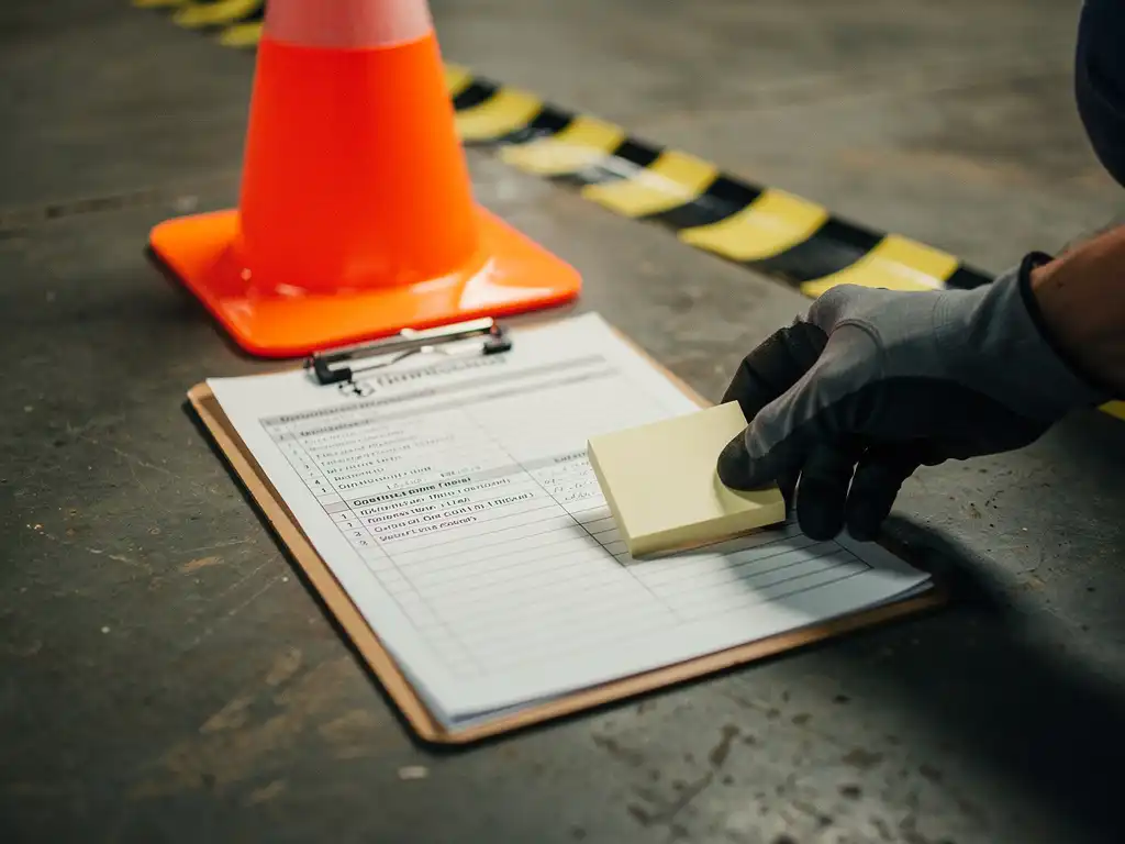 Werkplekinspectie checklist op klembord op betonvloer, met veiligheidsconus en afzetlint op de achtergrond.
