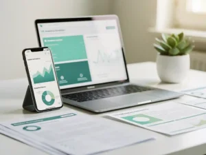 Smartphone met WhatsApp-gesprek naast laptop met HR-dashboard, omringd door onboardingdocumenten en een succulent op een wit bureau.