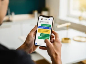 Nieuwe medewerker leest meertalig WhatsApp-gesprek op smartphone in moderne lunchruimte, verlicht door natuurlijk raamlicht.