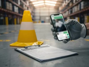 Worker's gloved hand holding a smartphone with WhatsApp open beside a workplace inspection checklist and yellow safety cone on a warehouse floor.