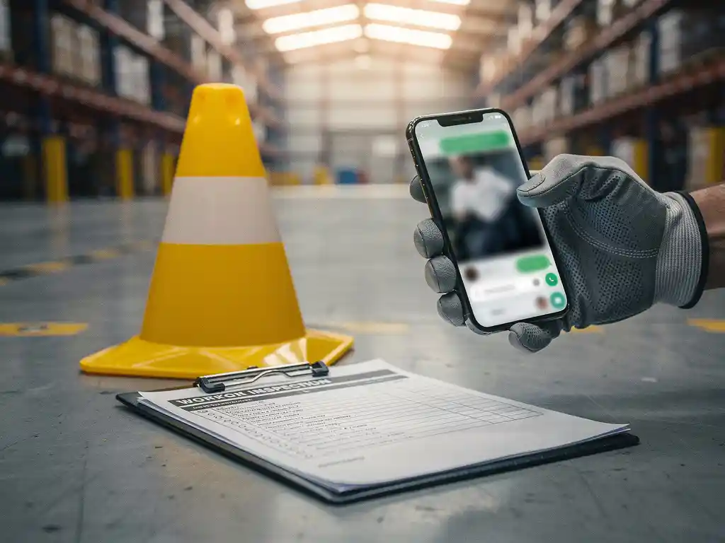 Worker's gloved hand holding a smartphone with WhatsApp open beside a workplace inspection checklist and yellow safety cone on a warehouse floor.