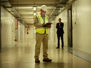 Worker in high-visibility vest reviewing clipboard checklist during industrial floor inspection, supervisor observing in background.