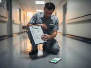 Facilitair medewerker knielt in ziekenhuisgang bij klembord met inspectierapport, smartphone toont WhatsApp-gesprek op glanzende grijze vloertegels.