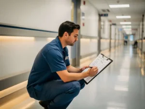 Facilitaire medewerker inspecteert werkstation in moderne ziekenhuisgang met klembord en checklist.