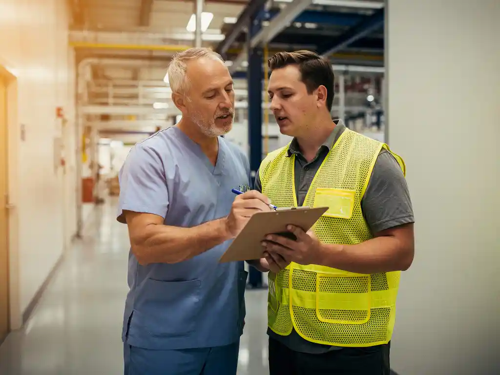 Zorgmedewerker in scrubs begeleidt fabrieksmedewerker met veiligheidsvest bij gezamenlijke checklist op klembord in industriële gang.