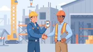 Preventieadviseur en werknemer op de werf schudden hand bij lancering van de Prebes-samenwerking, met veiligheidsinstructie via WhatsApp op de smartphone