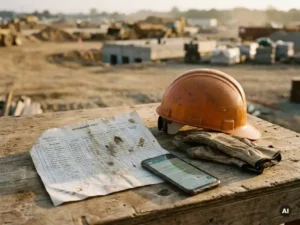 Versleten aanwezigheidslijst op bouwplaatstafel naast helm, veiligheidshandschoenen en smartphone met chatgesprek.