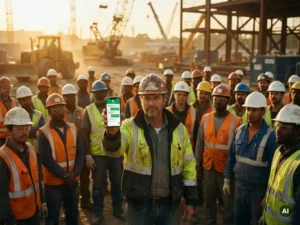 Bouwopzichter toont WhatsApp-chat op smartphone aan diverse groep bouwvakkers in veiligheidshesjes en helmen tijdens gouden uur.
