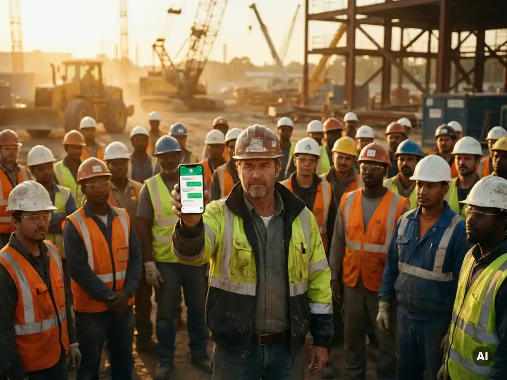Bouwopzichter toont WhatsApp-chat op smartphone aan diverse groep bouwvakkers in veiligheidshesjes en helmen tijdens gouden uur.
