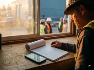 Bouwplaatsopzichter bekijkt aanwezigheidslijst op klembord naast smartphone, arbeiders met helmen zichtbaar op de achtergrond.