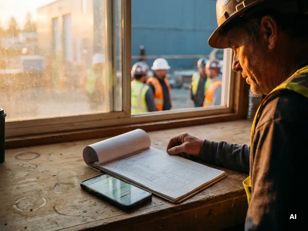 Bouwplaatsopzichter bekijkt aanwezigheidslijst op klembord naast smartphone, arbeiders met helmen zichtbaar op de achtergrond.