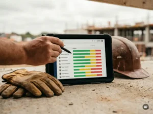Bouwplaatsopzichter bekijkt kleurgecodeerd digitaal dashboard op robuuste tablet, naast helm en werkhandschoenen op betonnen ondergrond.