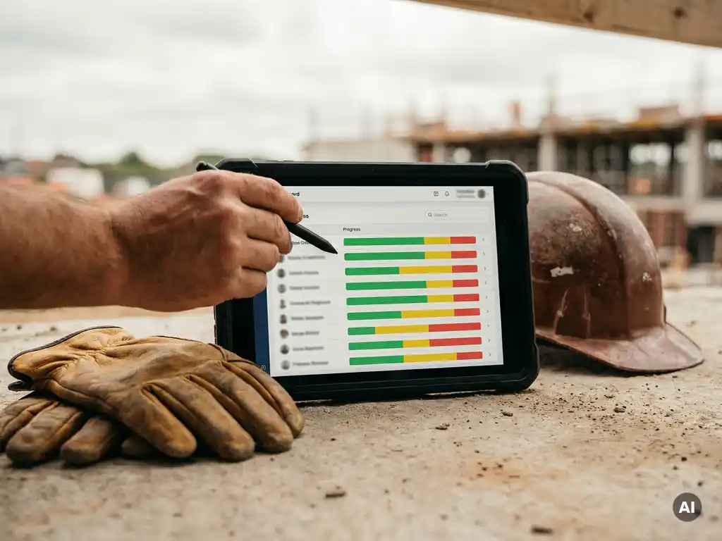 Bouwplaatsopzichter bekijkt kleurgecodeerd digitaal dashboard op robuuste tablet, naast helm en werkhandschoenen op betonnen ondergrond.