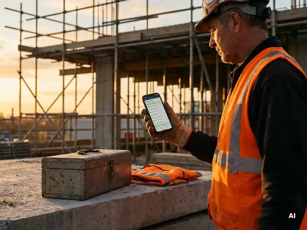 Bouwplaatsopzichter bekijkt veiligheidscontrolelijst op smartphone, met gereedschapskist en veiligheidsvest op betonnen ondergrond.