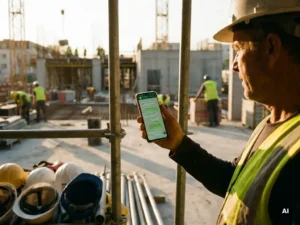 Bouwplaatsopzichter bekijkt WhatsApp-gesprek op smartphone, met steigers en veiligheidshelmen op de achtergrond tijdens gouden uur.