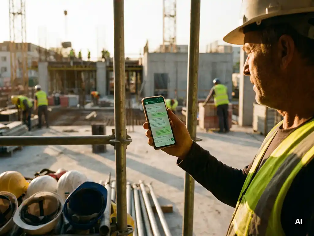 Bouwplaatsopzichter bekijkt WhatsApp-gesprek op smartphone, met steigers en veiligheidshelmen op de achtergrond tijdens gouden uur.