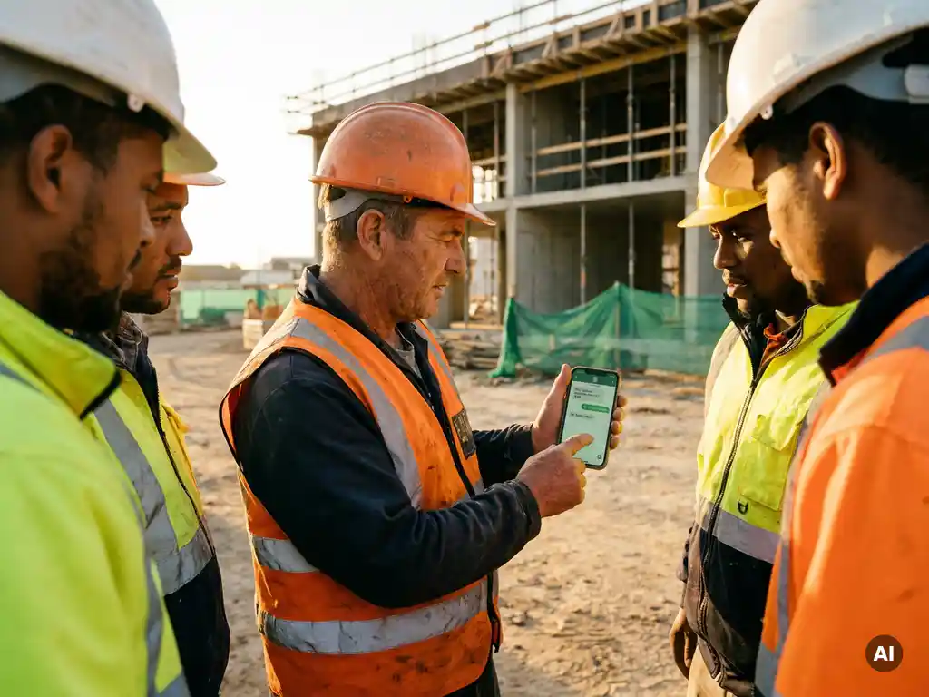 Bouwplaatsvoorman toont WhatsApp-gesprek op smartphone aan onderaannemers in veiligheidsvesten en helmen, betonstructuur op achtergrond.