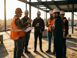 Bouwplaatsvoorman in fluohesje spreekt vroeg ochtend crew toe in kring, harde hoeden en koffie, gouden tegenlicht op betonvloer.