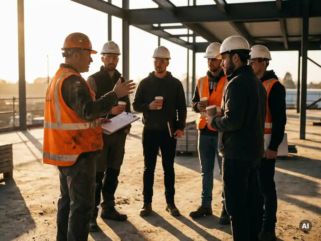 Bouwplaatsvoorman in fluohesje spreekt vroeg ochtend crew toe in kring, harde hoeden en koffie, gouden tegenlicht op betonvloer.