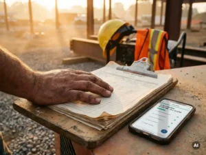 Bouwvakker houdt een versleten klembord met papieren intekenlijsten vast, naast een smartphone met digitale checklist, op een stoffige bouwplaats.
