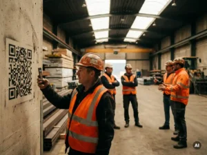 Bouwvakker in veiligheidsvest scant QR-code op bouwplaats met smartphone, collega's op de achtergrond in industrieel magazijn.