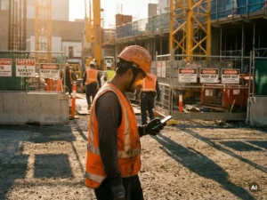 Bouwvakker in oranje veiligheidsvest bekijkt smartphone op drukke bouwplaats in warm ochtendlicht.