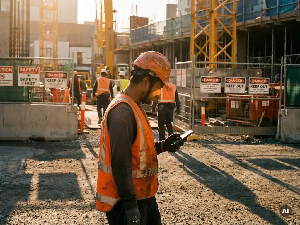 Bouwvakker in oranje veiligheidsvest bekijkt smartphone op drukke bouwplaats in warm ochtendlicht.