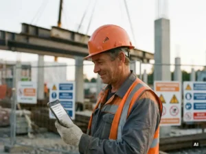 Bouwvakker met oranje helm bekijkt digitale checklist op smartphone op actieve bouwplaats met stalen balken op achtergrond.