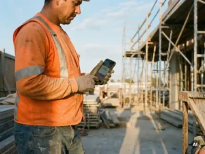 Bouwvakker in oranje veiligheidsvest bekijkt trainingsmelding op smartphone, met steigers en blauwe lucht op de achtergrond.