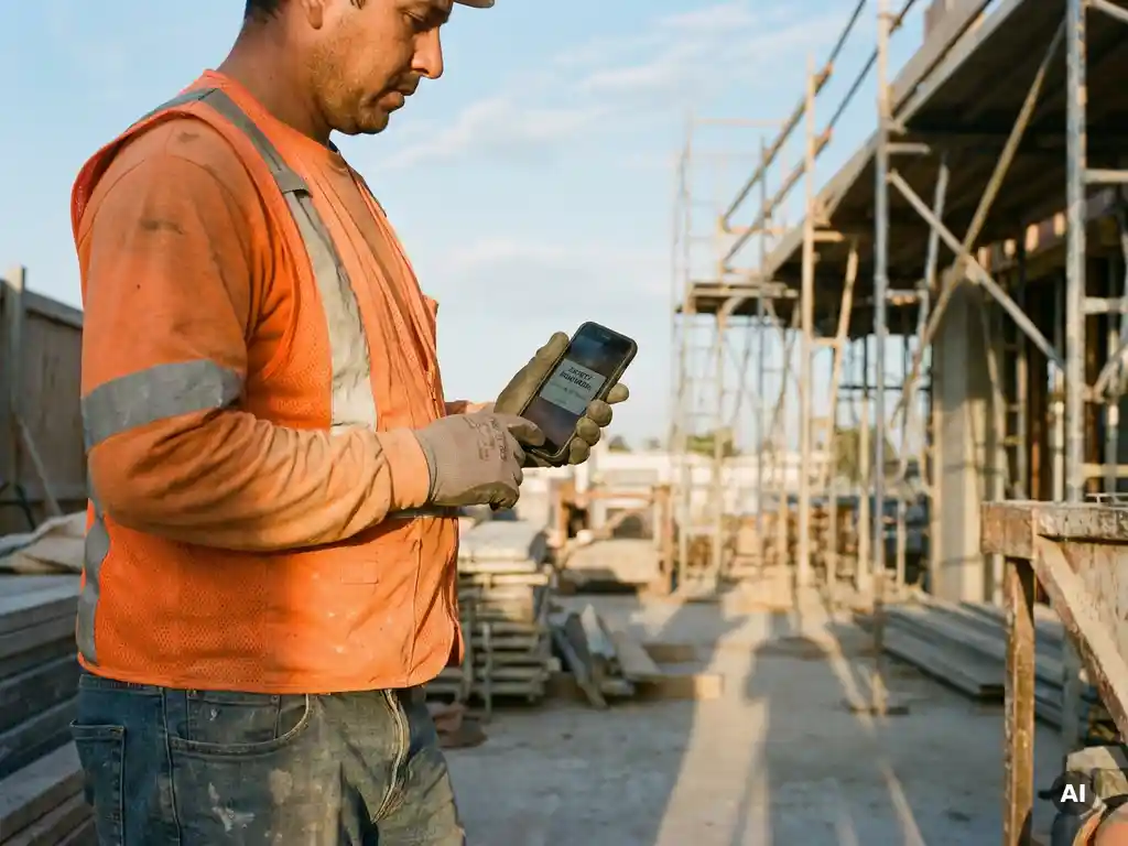 Bouwvakker in oranje veiligheidsvest bekijkt trainingsmelding op smartphone, met steigers en blauwe lucht op de achtergrond.