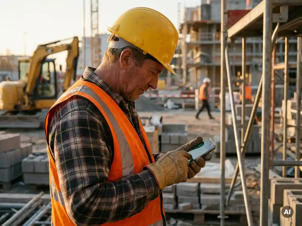 Bouwvakker met helm leest veiligheidsinstructies op smartphone op actieve bouwplaats met steigers tijdens gouden uur.